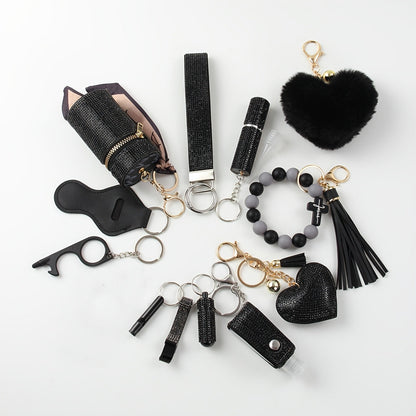 Rhinestone Keychain Set for Women 13-Piece – Safety Gadgets with Window Breaker Whistle Hand Sanitizer Holder Perfume Bottle Beaded Bracelet PU Tassel, Holiday Birthday Gift Box