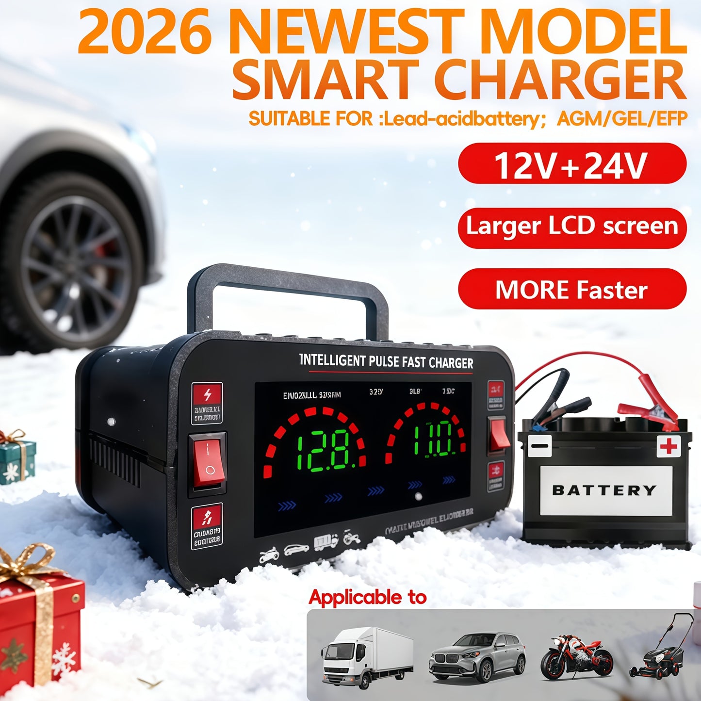 Car Battery Charger 12V/24V with LCD Display – Fast Charging Portable Maintainer for Cars, Trucks, RVs & Motorcycles, Overcharge Protection, Lead-Acid Compatible