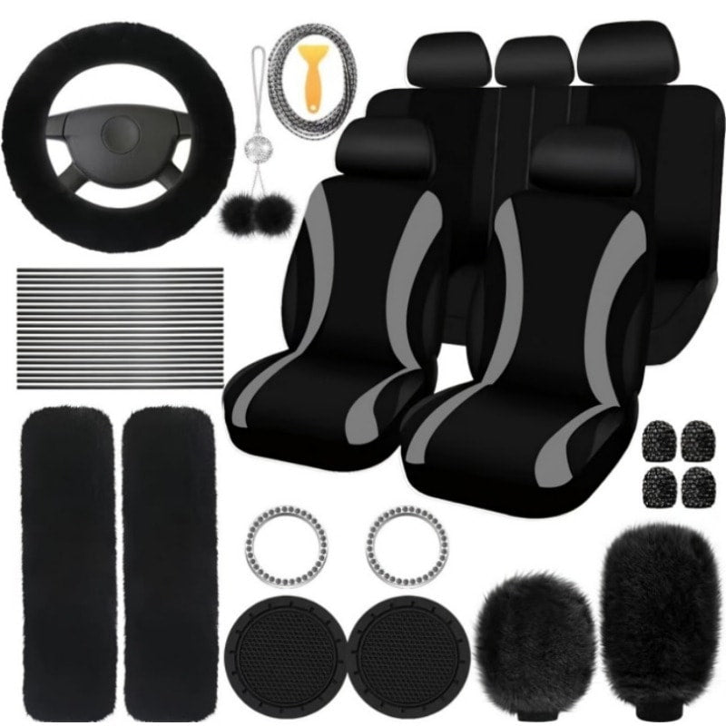 Car Interior Accessories Set for Women 45-Piece – Plush Steering Wheel Cover, Seat Cushion & Pendant, Universal Fit All Seasons, Available in Red, Black, Blue, Pink, Purple & More