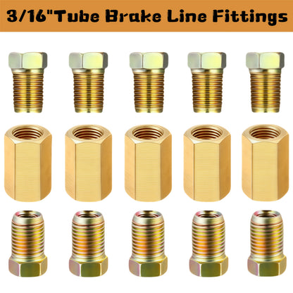 Brake Line Fittings Assortment Kit – 3/16", 1/4", 5/16" & 3/8" Tube Sizes, Inverted Flare Union Connectors, Multiple Thread Sizes, with Optional Hose Clamps for Automotive Brake Line Repair