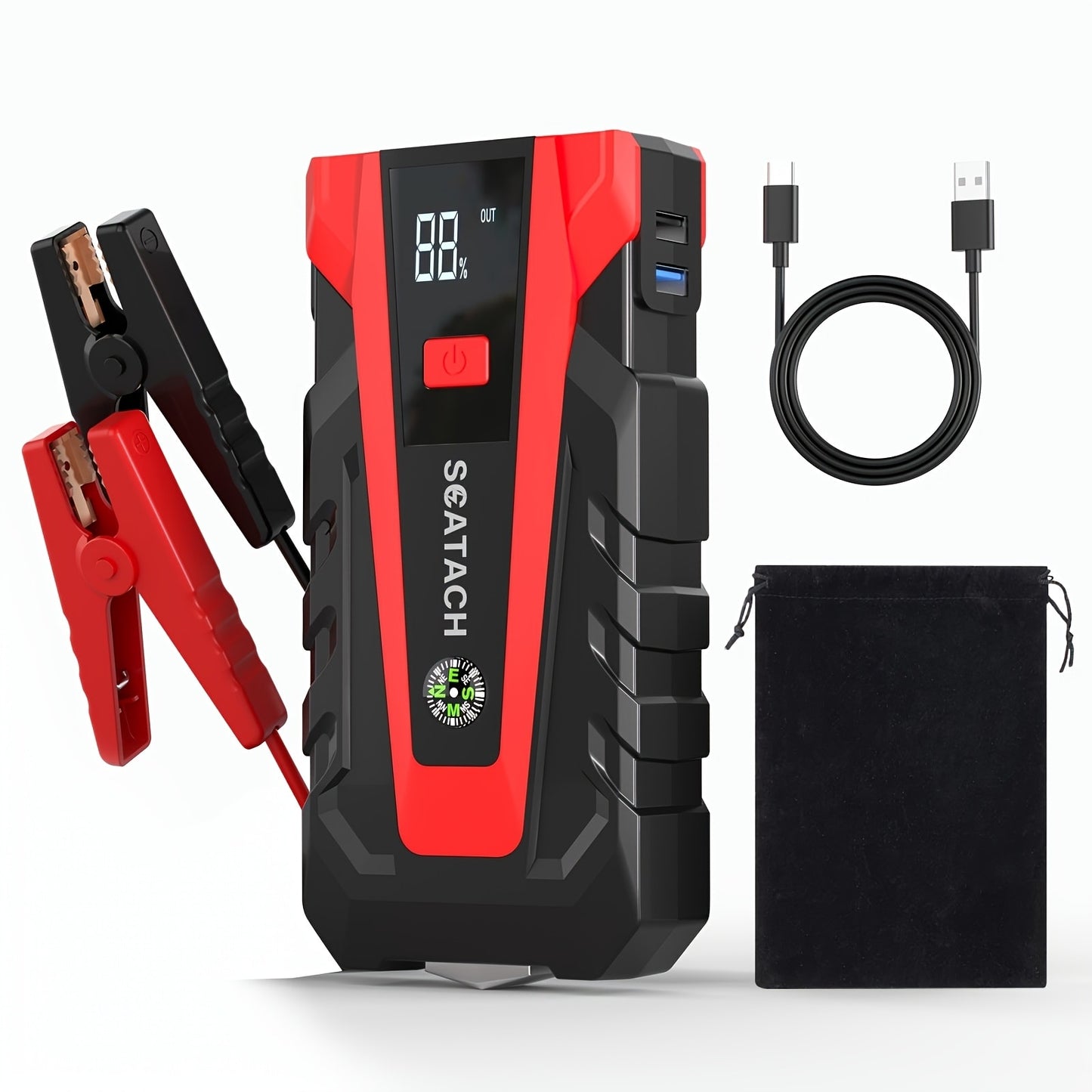 Heavy Duty Jump Starter 14.0L Gas & 12.0L Diesel – Digital Tire Pressure Gauge, Air Pump, Window Breaker & SOS LED Display for Cars Trucks SUVs RVs Motorcycles