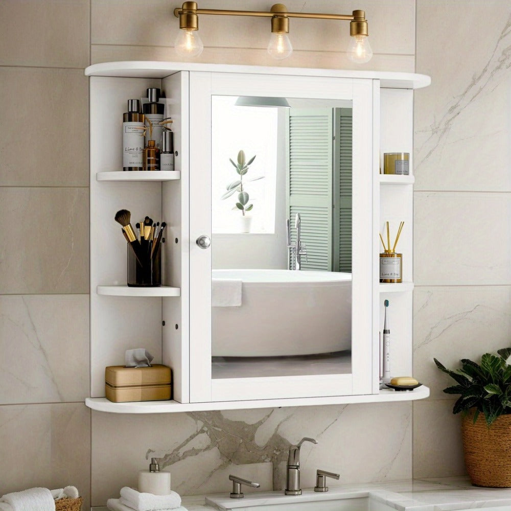 Bathroom Medicine Cabinet, Wall Mounted with Mirror & 6 Side Open Shelves, White Wall shown in the main product view