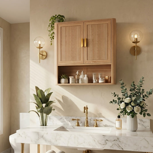 Bathroom Wall Cabinet, Fluted 2-Door Medicine Cabinet with Golden Handles, Wall Mounted shown in the main product view