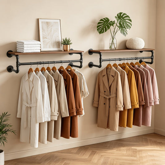 Clothes Rack, Wall Mounted Industrial Pipe with Top Wood Shelf and 3 Hooks 66 Lb Capacity shown in the main product view