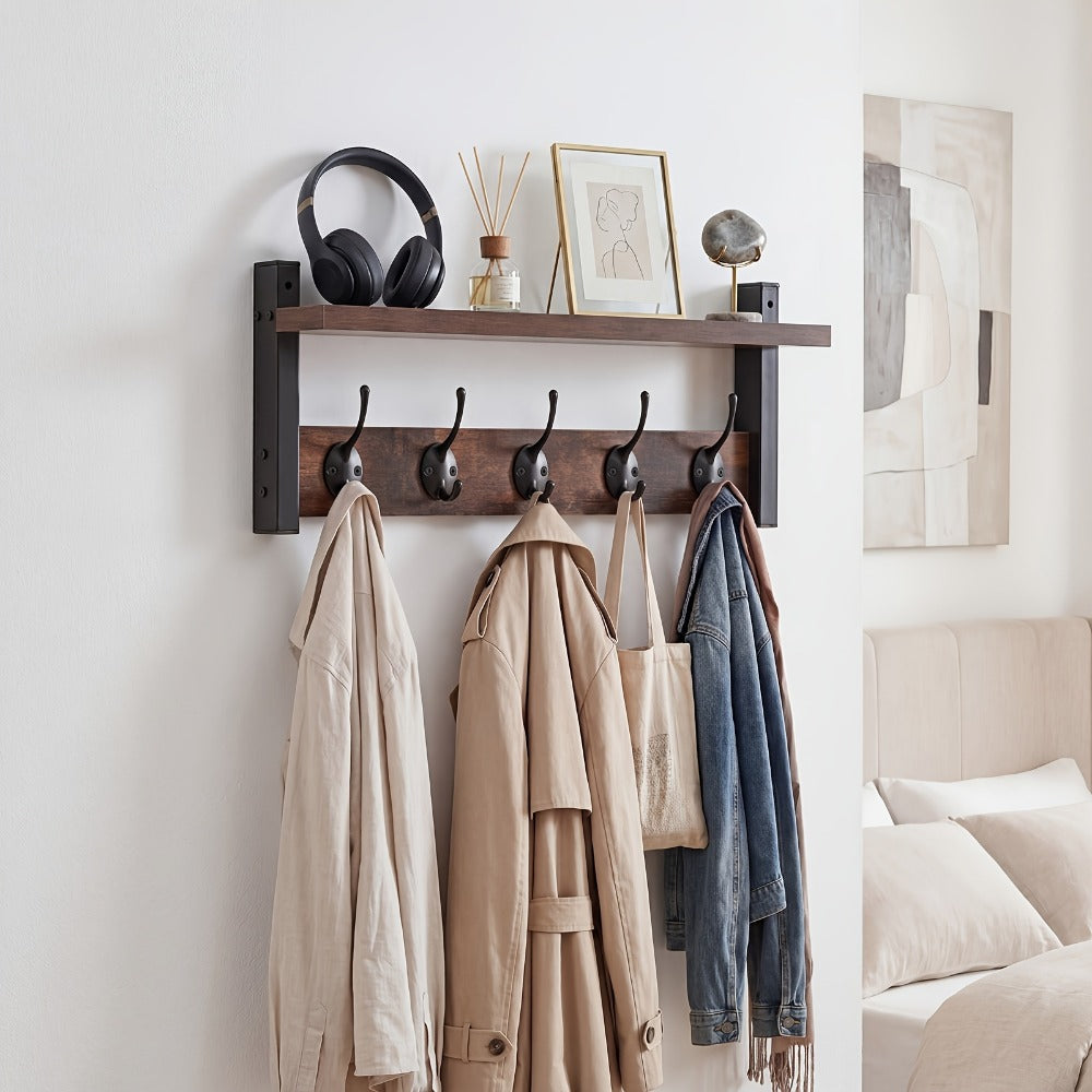 Coat Rack, Wall-Mounted with Shelf & Hooks Heavy Duty Industrial Metal, Rustproof Entryway shown in the main product view