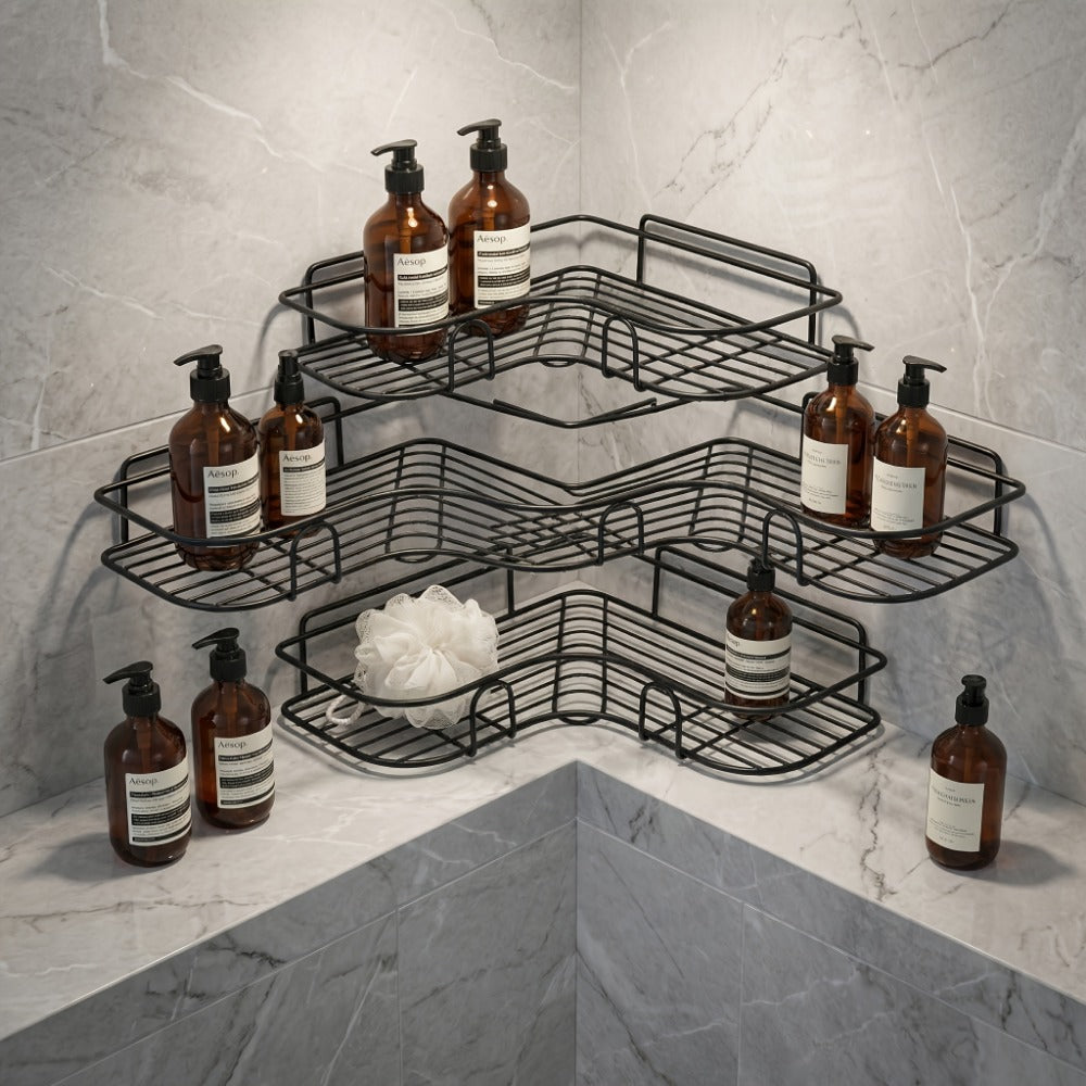 Bathroom Corner Shelf, Set 4pcs Wall Mounted No Drilling Black Metal, Shower Corner shown in the main product view