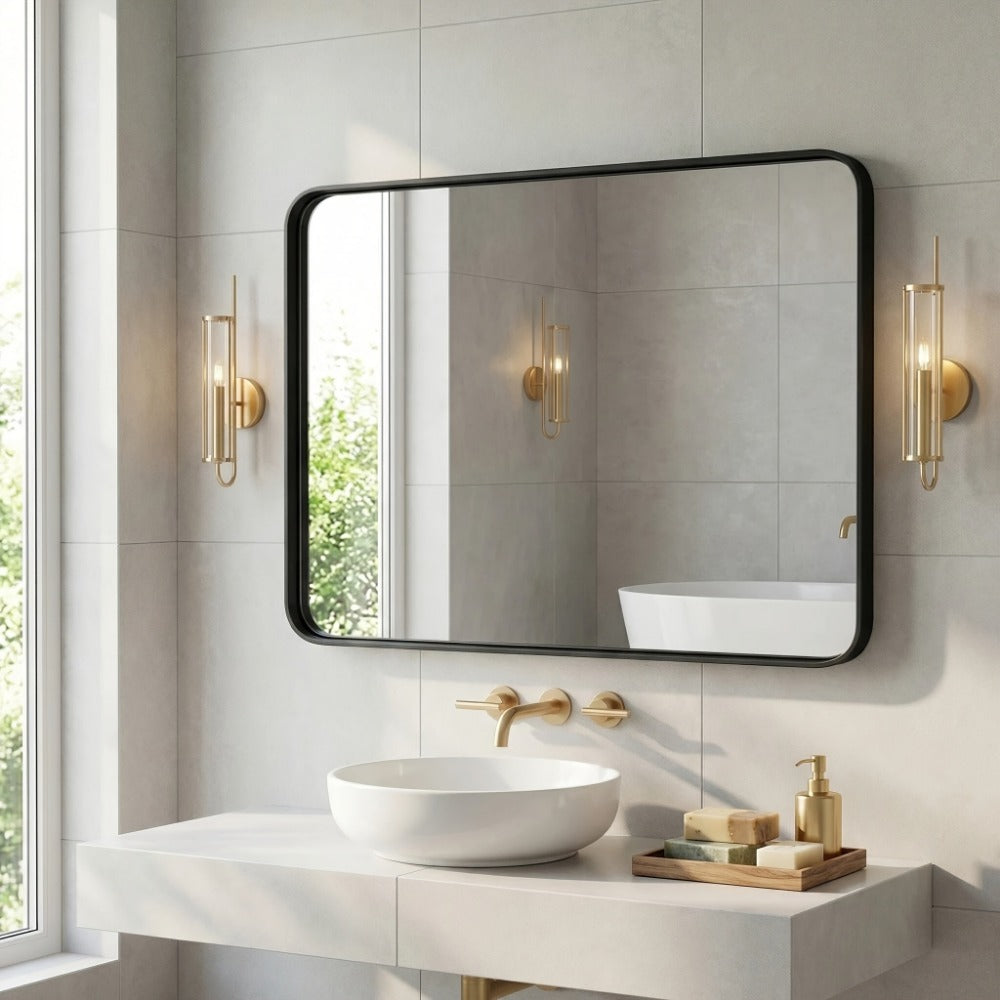 Wall Mirror, Rounded Rectangle Wall Mounted Vanity Mirror Modern Matte Metal Frame shown in the main product view
