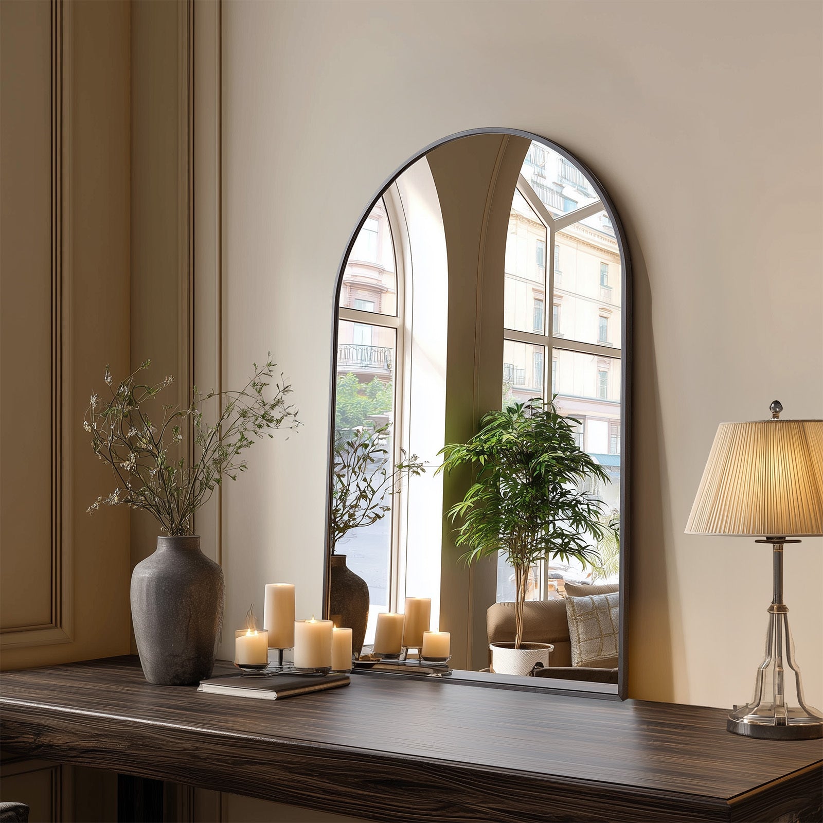 Wall Mirror, Arched Metal Frame Gold Black Wall Mounted Vanity Makeup Mirror for Bathroom shown in the main product view