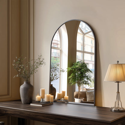 Wall Mirror, Arched Metal Frame Gold Black Wall Mounted Vanity Makeup Mirror for Bathroom shown in the main product view