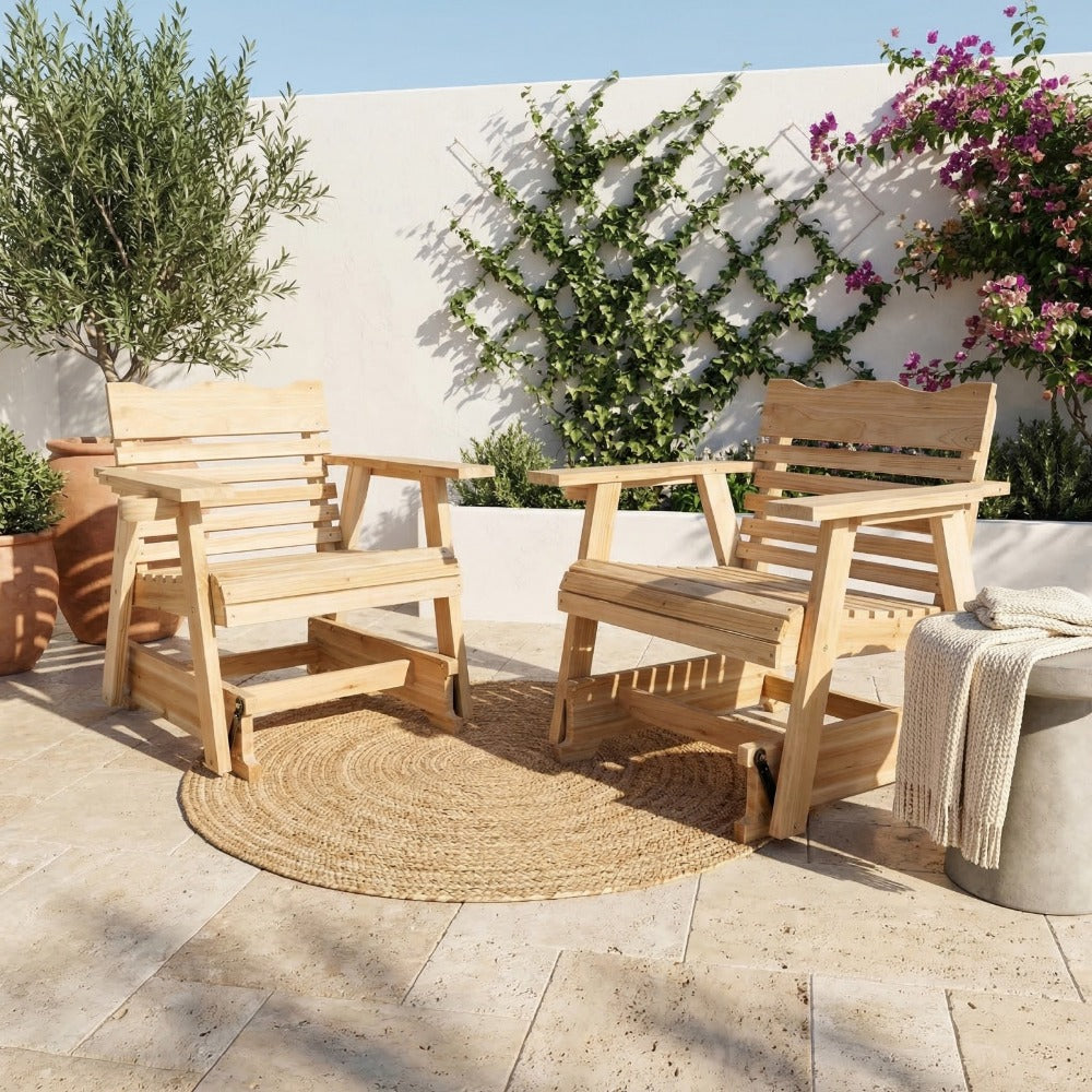 Wide Solid Wood Patio Rocking Chair with Armrests and Cup Holder detail image