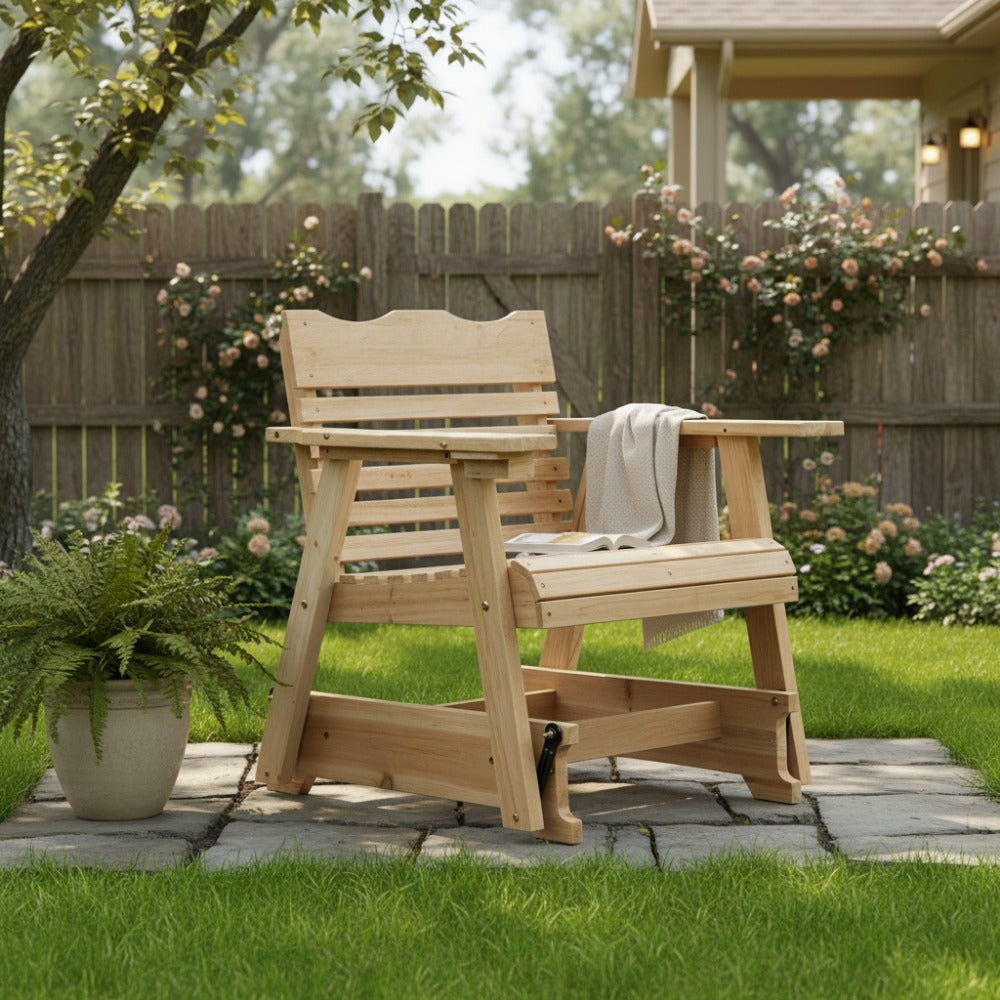 Wide Solid Wood Patio Rocking Chair with Armrests and Cup Holder detail image - detail view 4