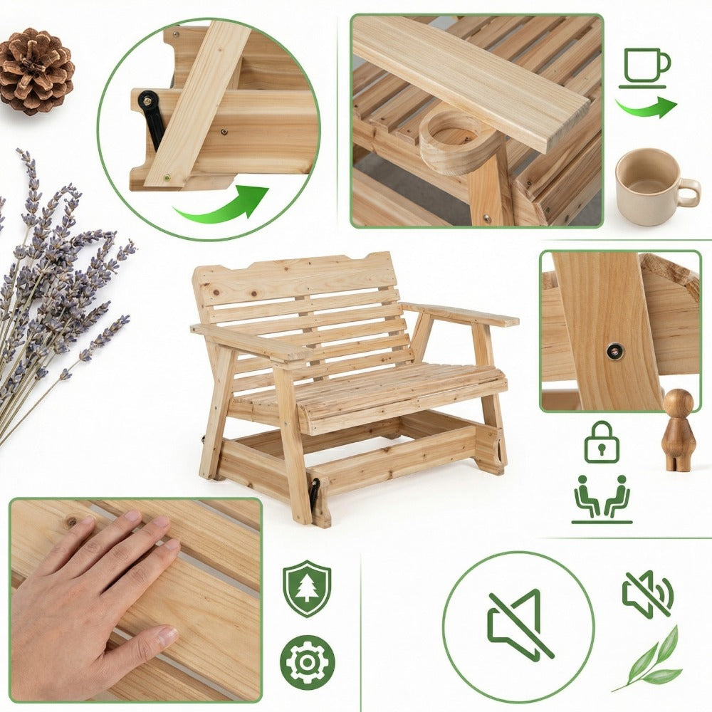 Wide Solid Wood Patio Rocking Chair with Armrests and Cup Holder detail image - detail view 5