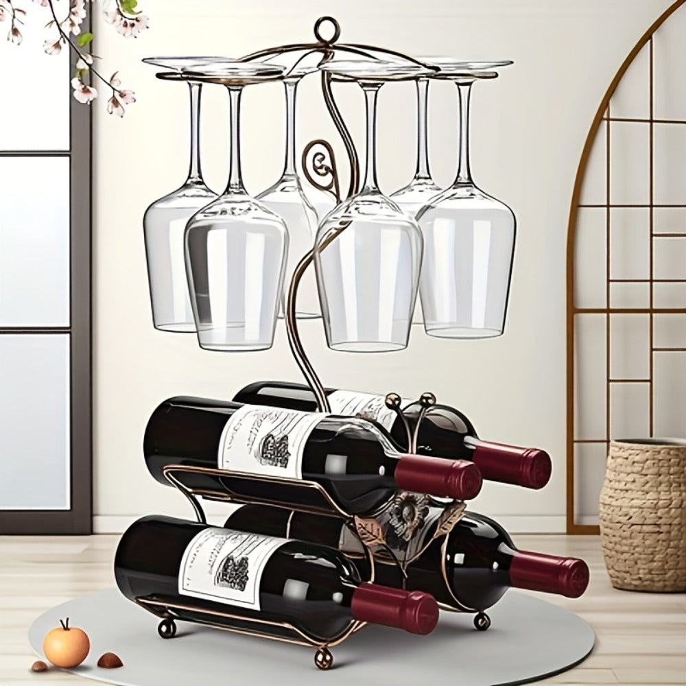 Wine Rack, Countertop with Glass Holder, Holds 4 Bottles & 6 Glasses, Iron Retro Bar Rack shown in the main product view