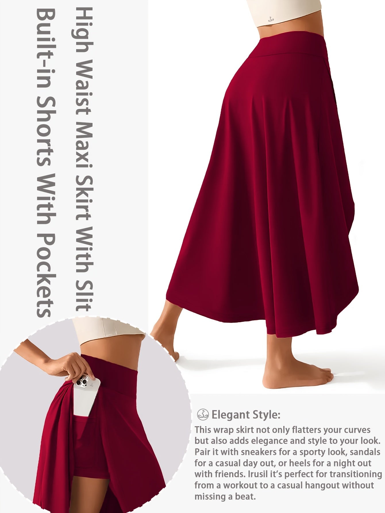 Women's Active Skort - High-Waist Solid Color Burgundy detail image - detail view 7