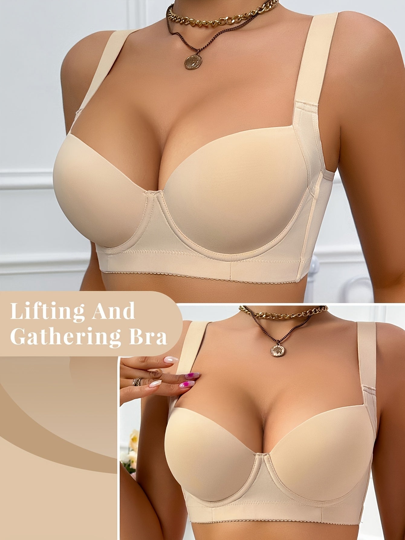 Women's Beige Underwire Support Bra - Wide-Strap Smooth Knit Style