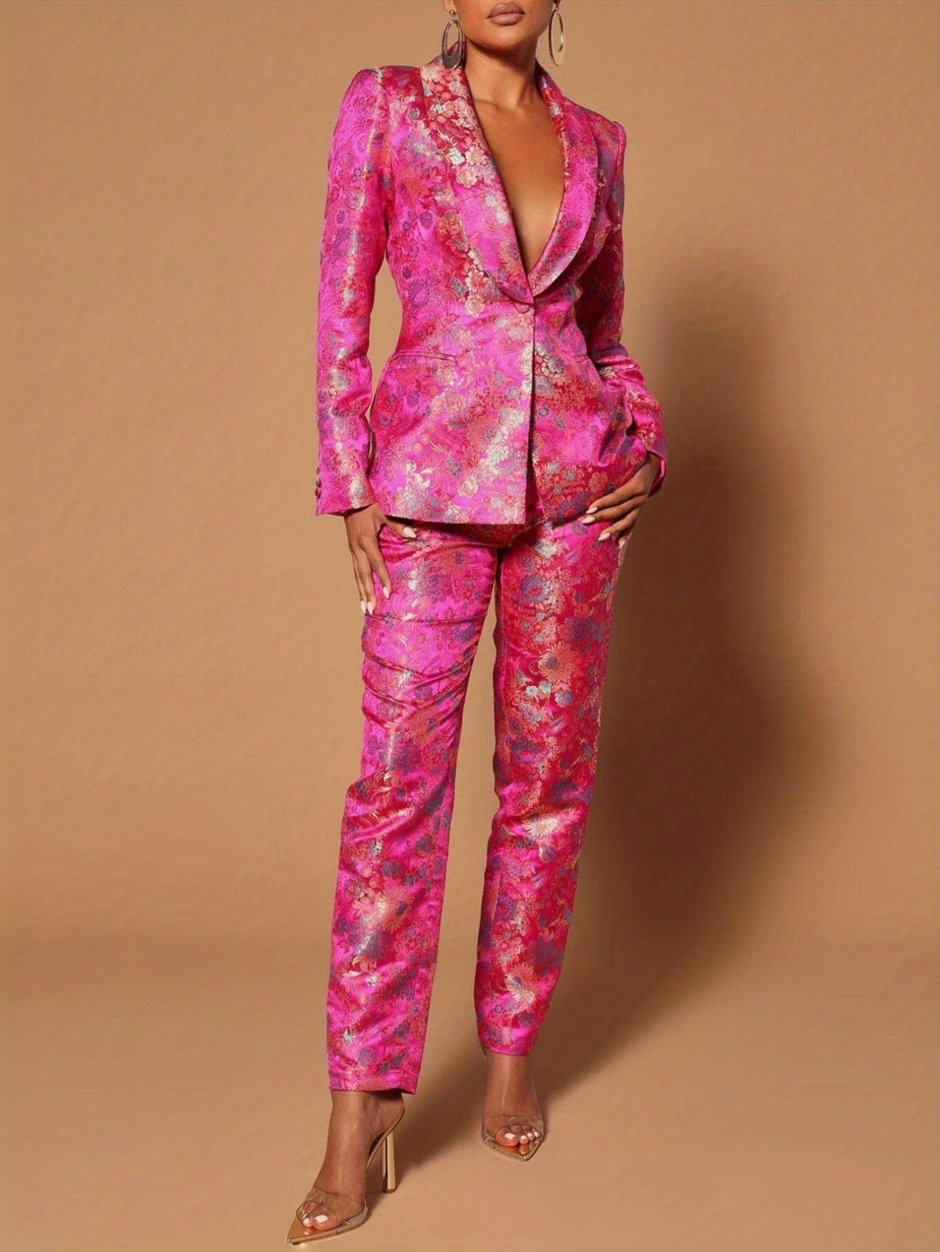 Women's Rose Red Satin Floral V-Neck Blazer - product view 2