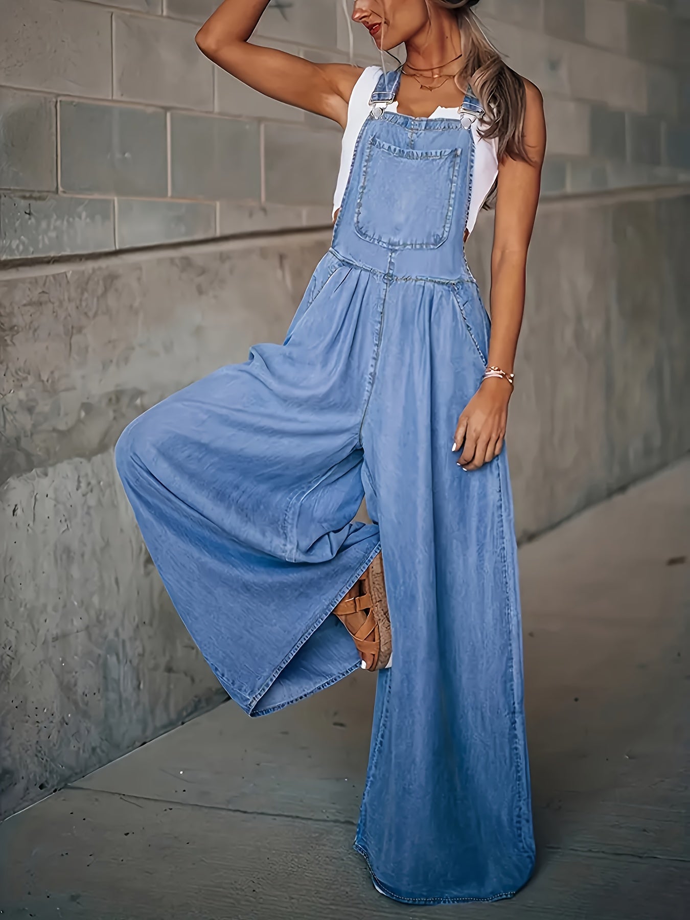 Navy Color Denim Sleeveless Jumpsuit - product view 5