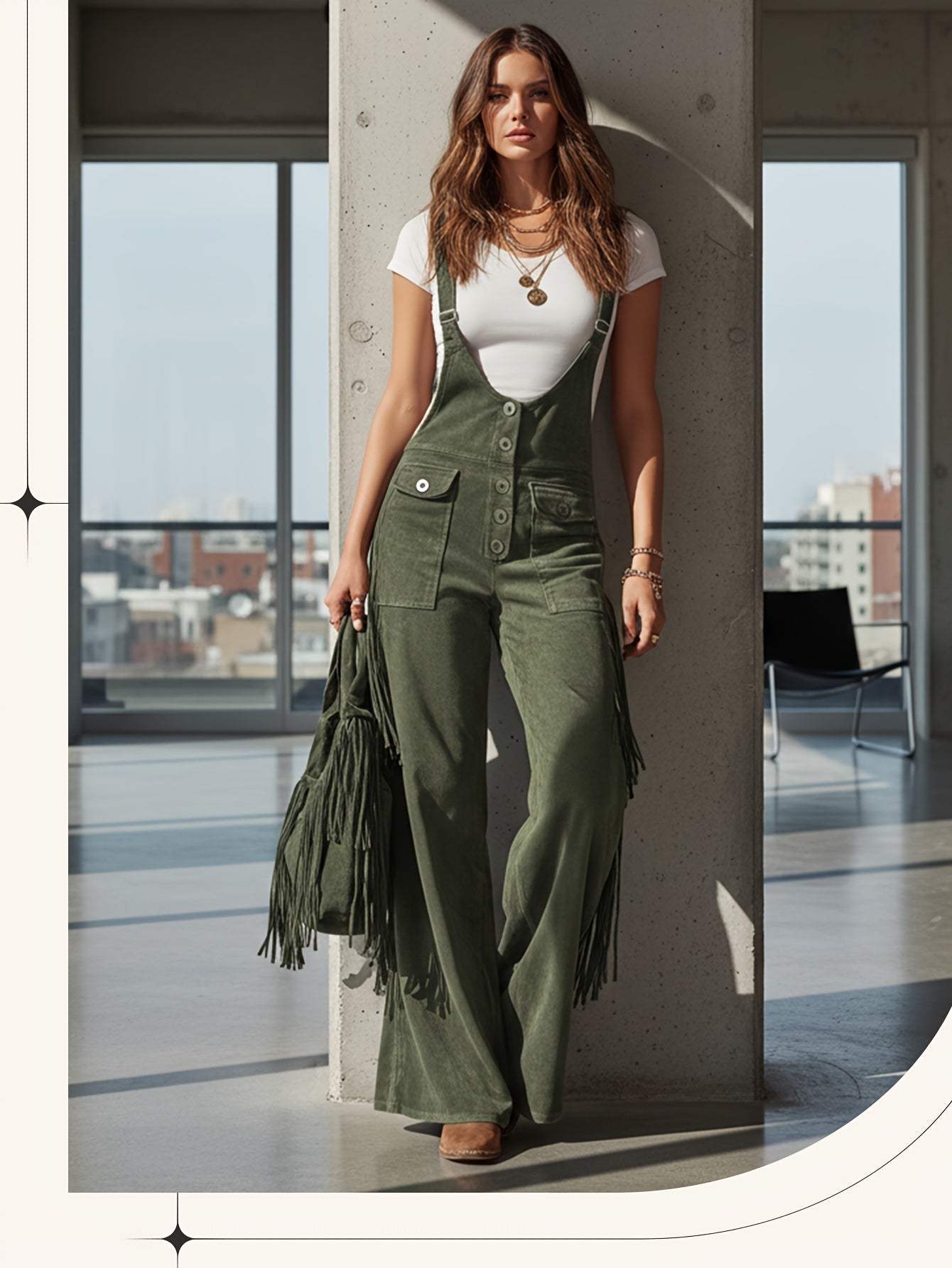 Women's Casual Overalls - Wide Leg Button Detail detail image - detail view 12