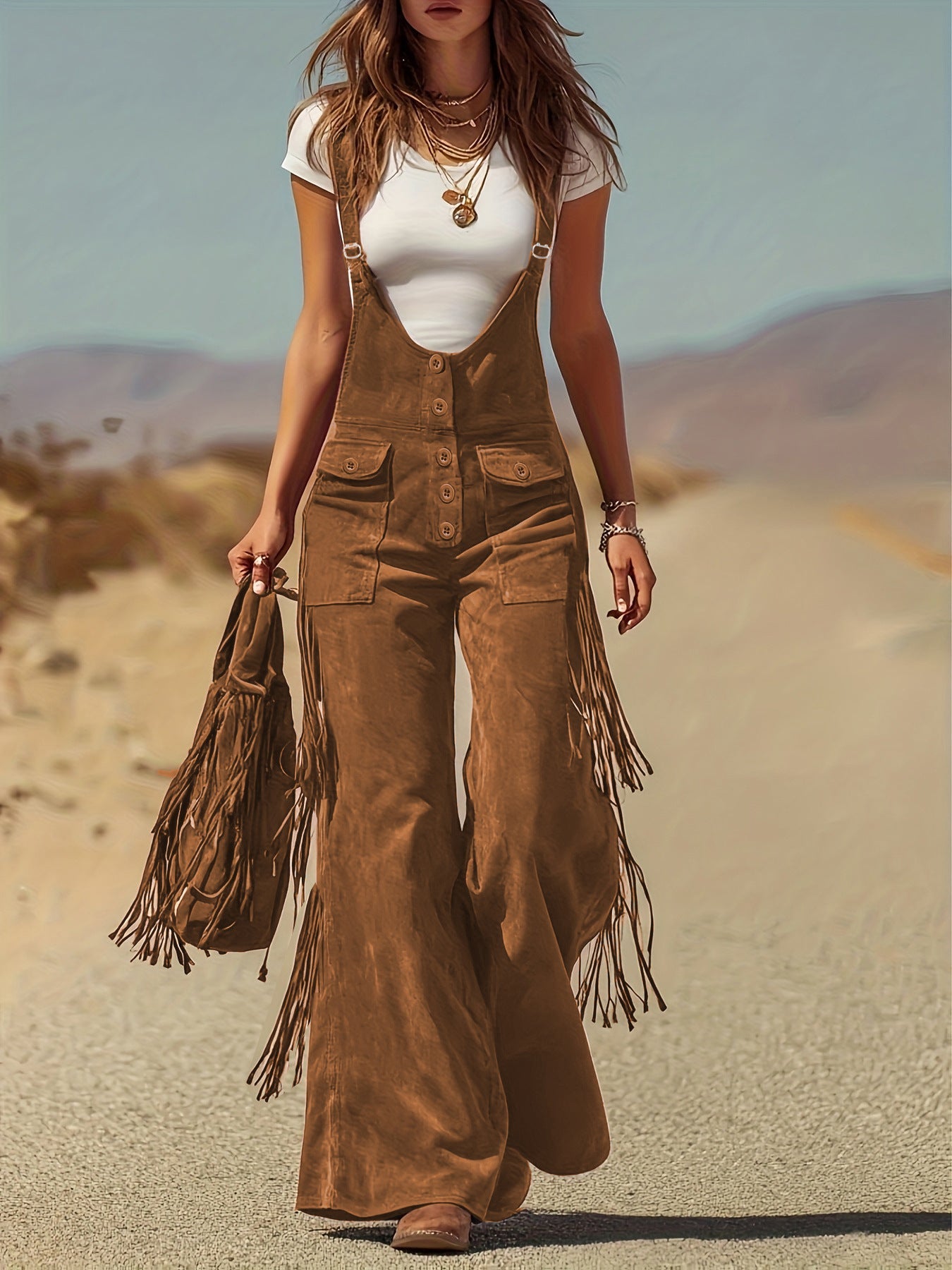 Women's Casual Overalls - Wide Leg Button Detail detail image - detail view 9