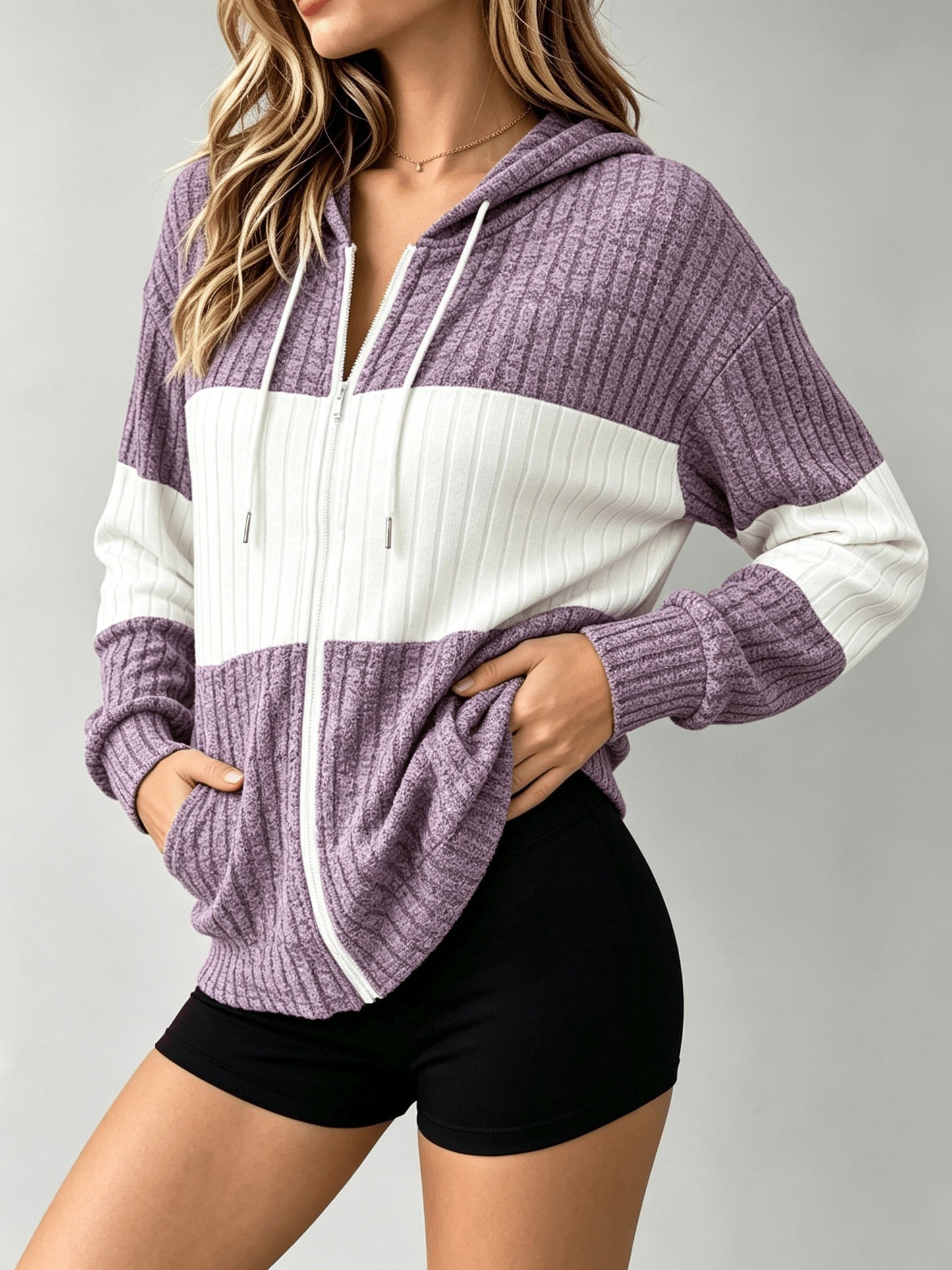 Women's Color Block Hooded Cardigan - Lightweight Button Front detail image