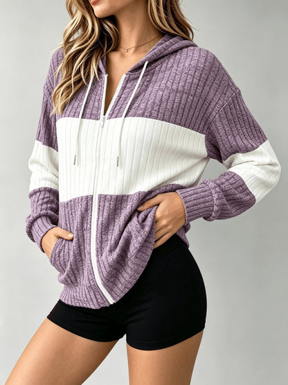 Women's Color Block Hooded Cardigan - Lightweight Button Front detail image