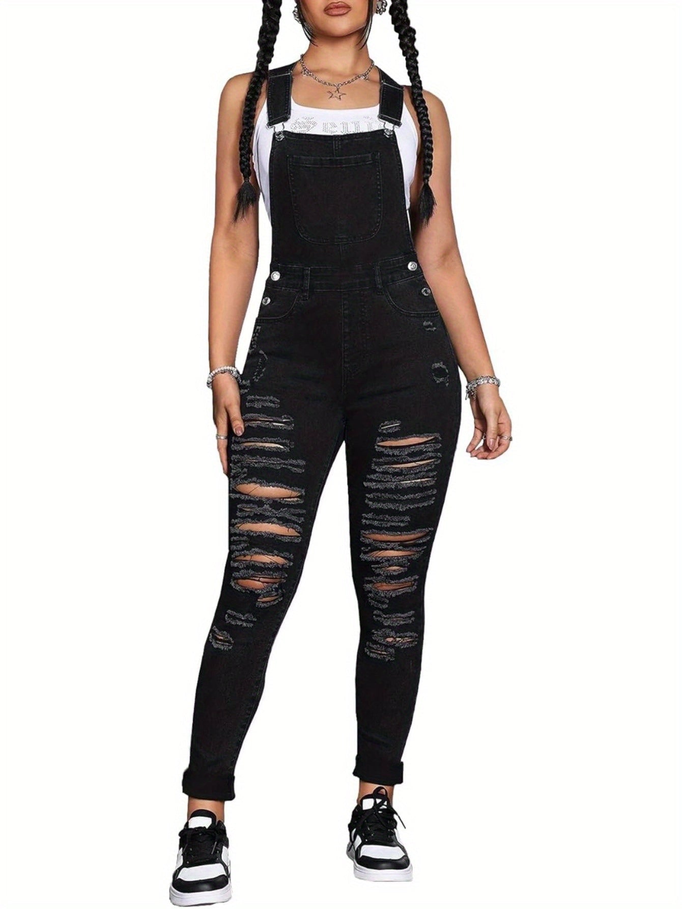 Women's Denim Overalls - Skinny Leg Distressed Detail detail image - detail view 12