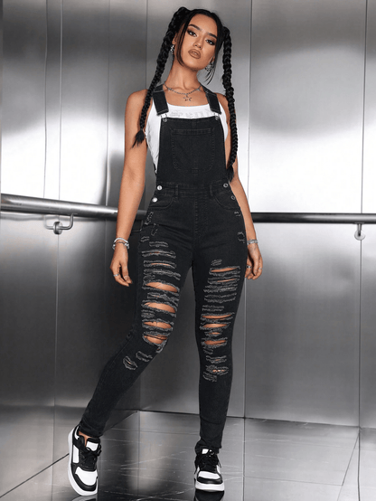 Women's Denim Overalls - Skinny Leg Distressed Detail detail image - detail view 8