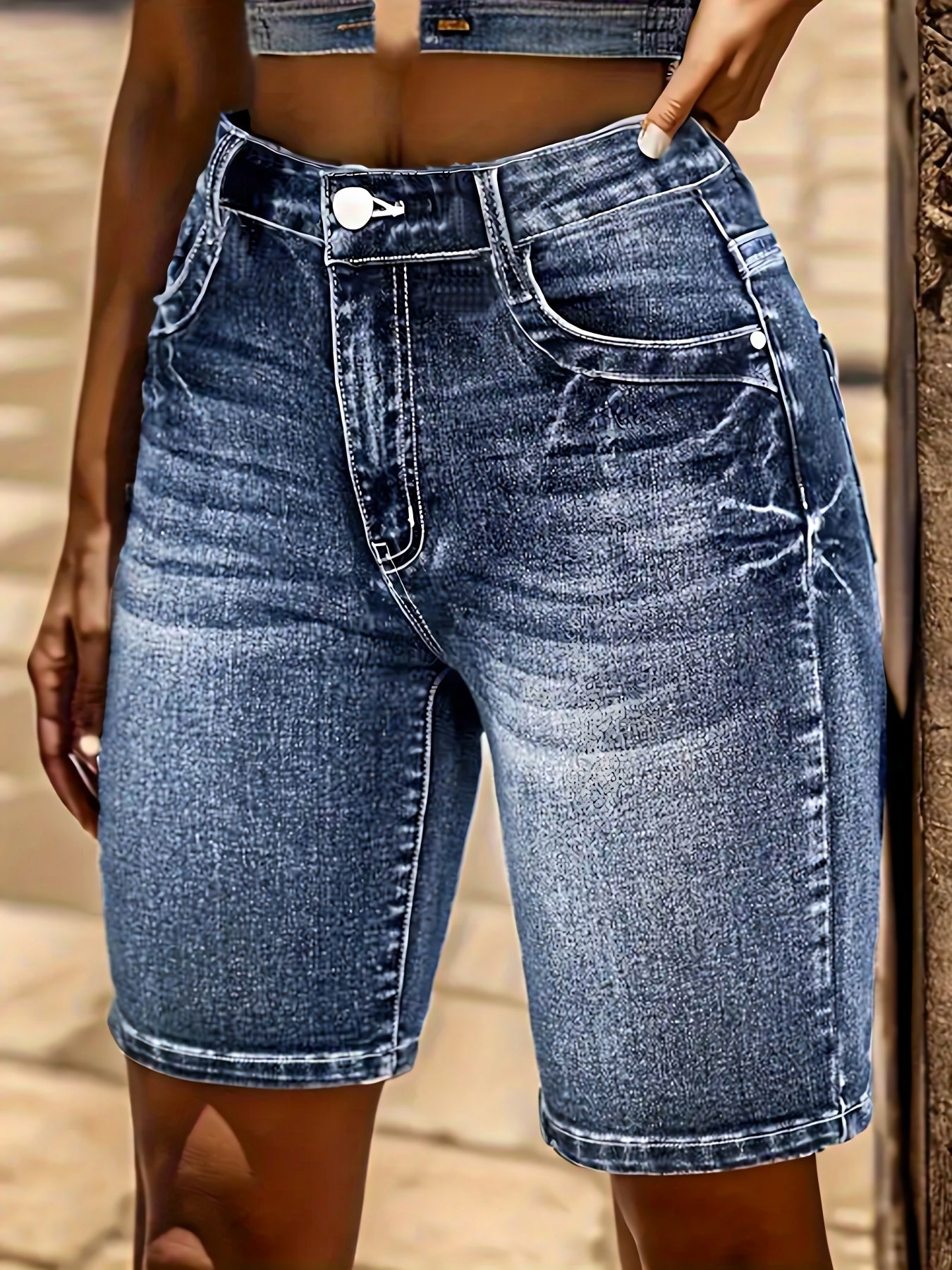 Women's Blue Denim Floral High-Waist Denim Shorts - product view 7