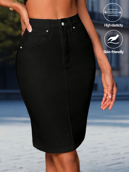 Women's Denim Skirt - High-Waist Button Front detail image - detail view 4