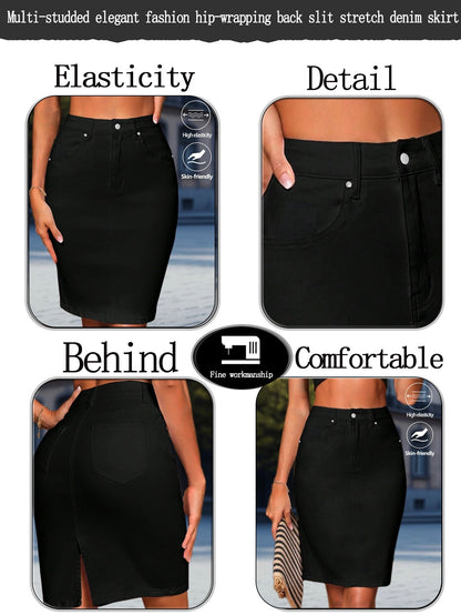 Women's Denim Skirt - High-Waist Button Front detail image - detail view 6