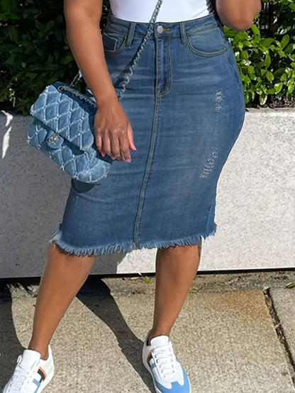Women's Distressed Denim Midi Skirt - High-Waist Raw Hem Stretch Style detail image - detail view 11