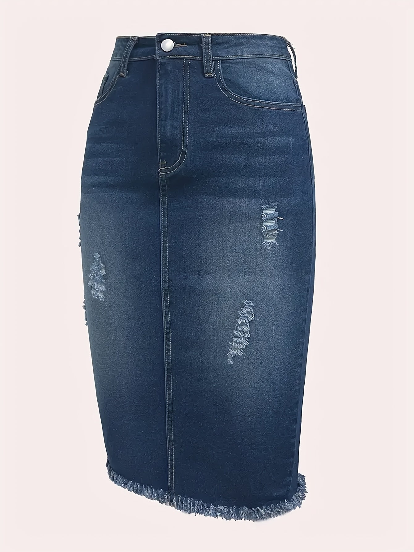 Women's Distressed Denim Midi Skirt - High-Waist Raw Hem Stretch Style detail image - detail view 13