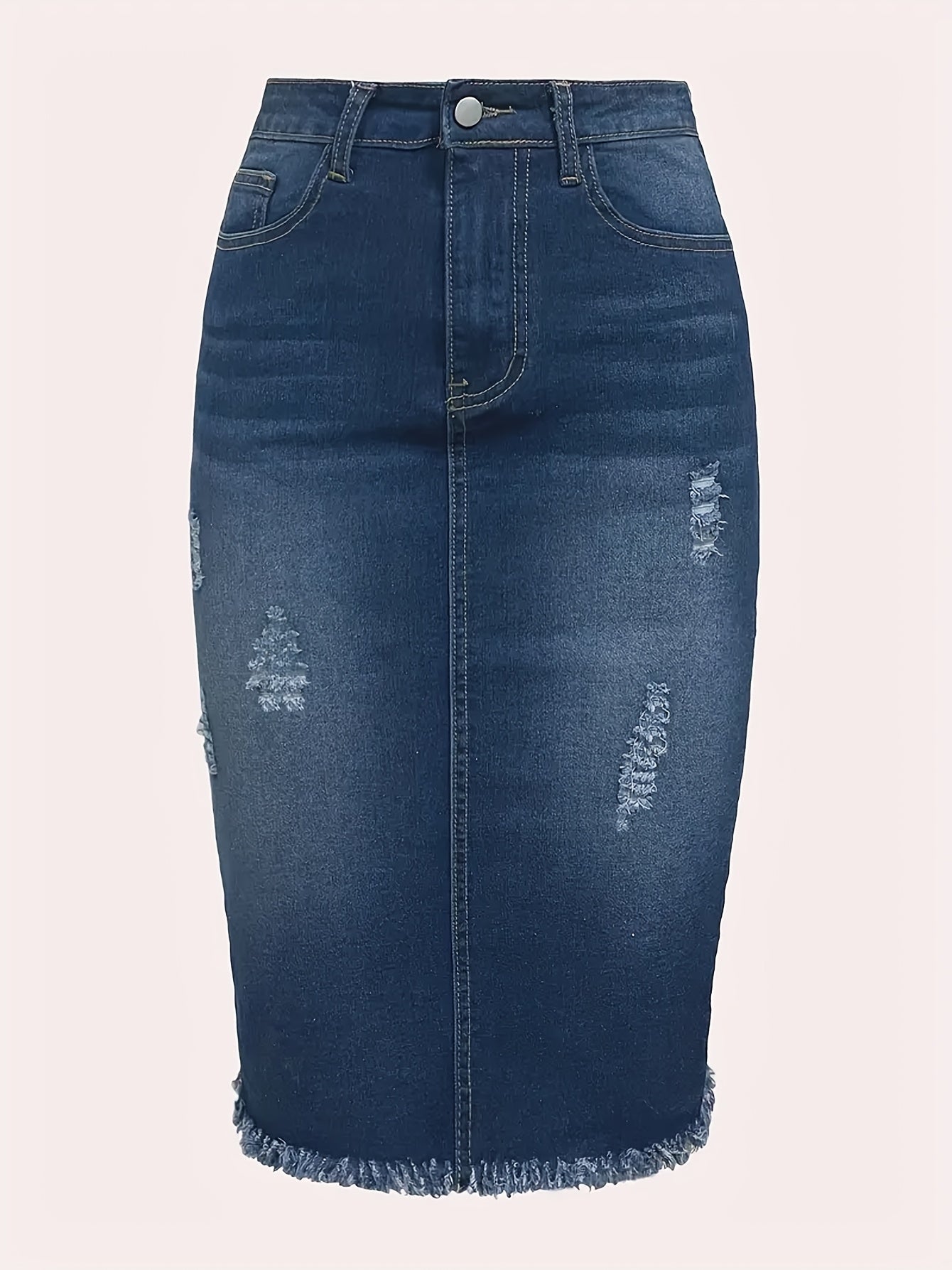 Women's Distressed Denim Midi Skirt - High-Waist Raw Hem Stretch Style detail image - detail view 14