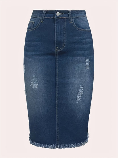Women's Distressed Denim Midi Skirt - High-Waist Raw Hem Stretch Style detail image - detail view 14