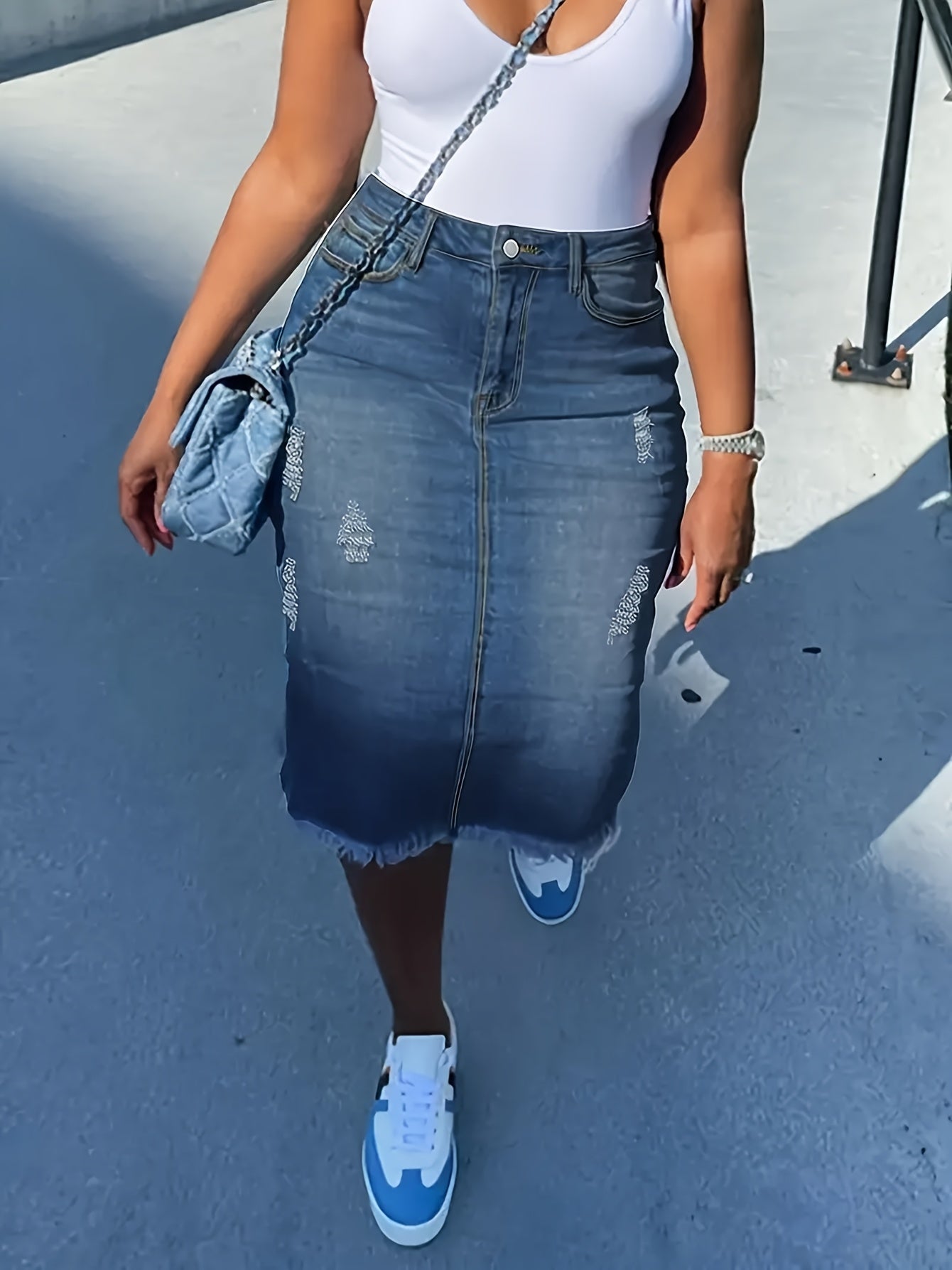 Women's Distressed Denim Midi Skirt - High-Waist Raw Hem Stretch Style detail image