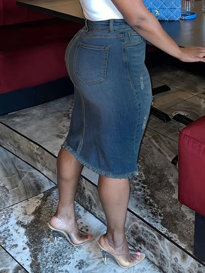 Women's Distressed Denim Midi Skirt - High-Waist Raw Hem Stretch Style detail image - detail view 4