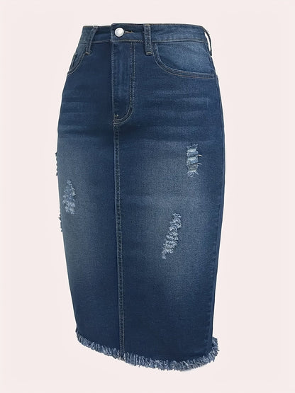 Women's Distressed Denim Midi Skirt - High-Waist Raw Hem Stretch Style detail image - detail view 5