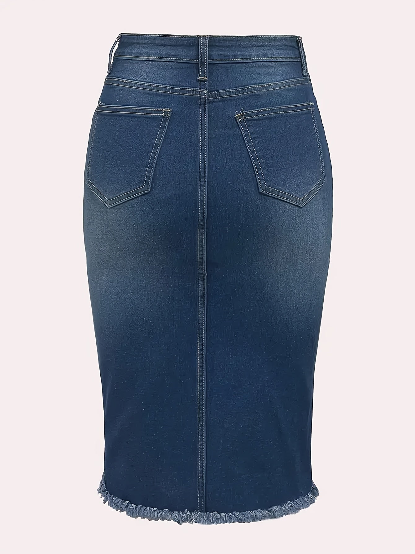 Women's Distressed Denim Midi Skirt - High-Waist Raw Hem Stretch Style detail image - detail view 7