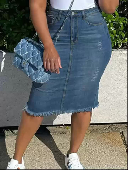 Women's Distressed Denim Midi Skirt - High-Waist Raw Hem Stretch Style detail image - detail view 8