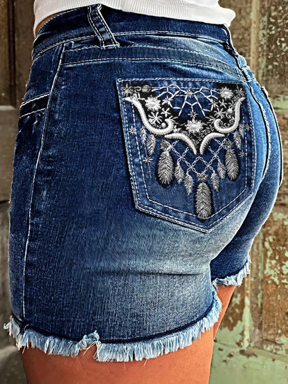 Women's Embroidered Denim Shorts - High Waist Stretch detail image