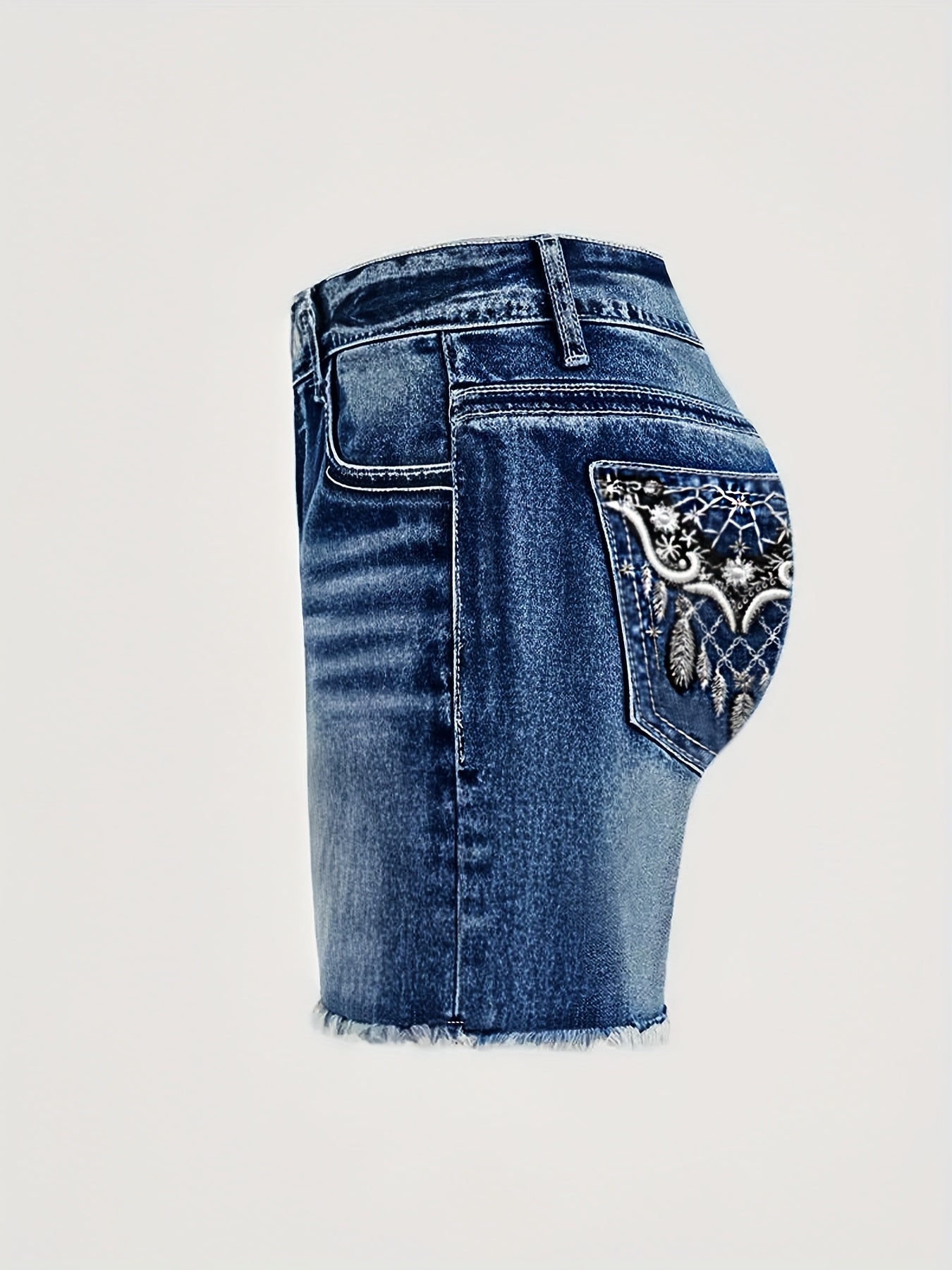 Women's Embroidered Denim Shorts - High Waist Stretch detail image - detail view 5