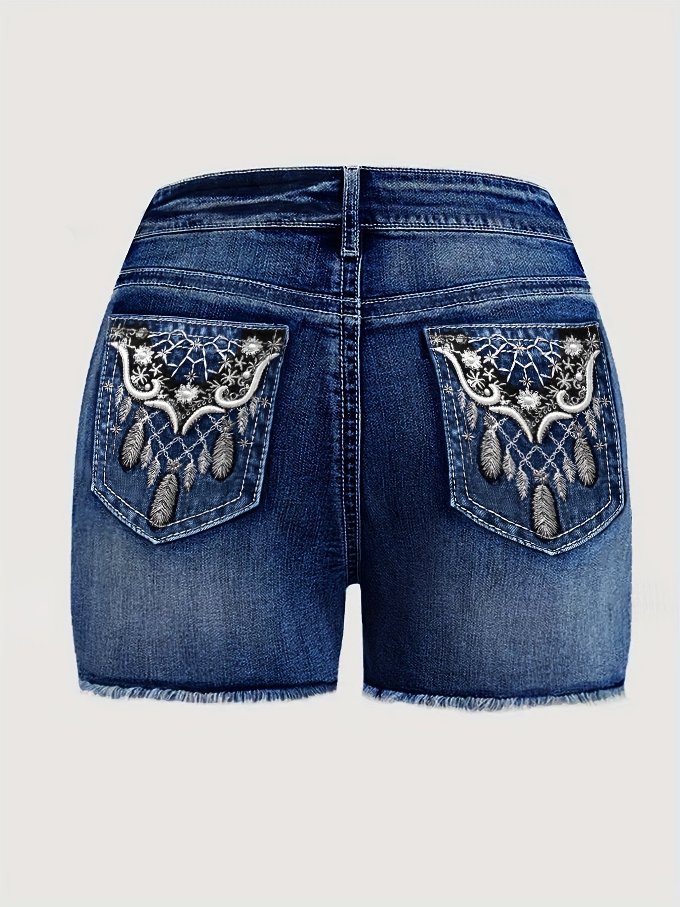 Women's Embroidered Denim Shorts - High Waist Stretch detail image - detail view 9