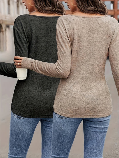 Women's Essential T-Shirt - 2-Pack V-Neck Long Sleeve