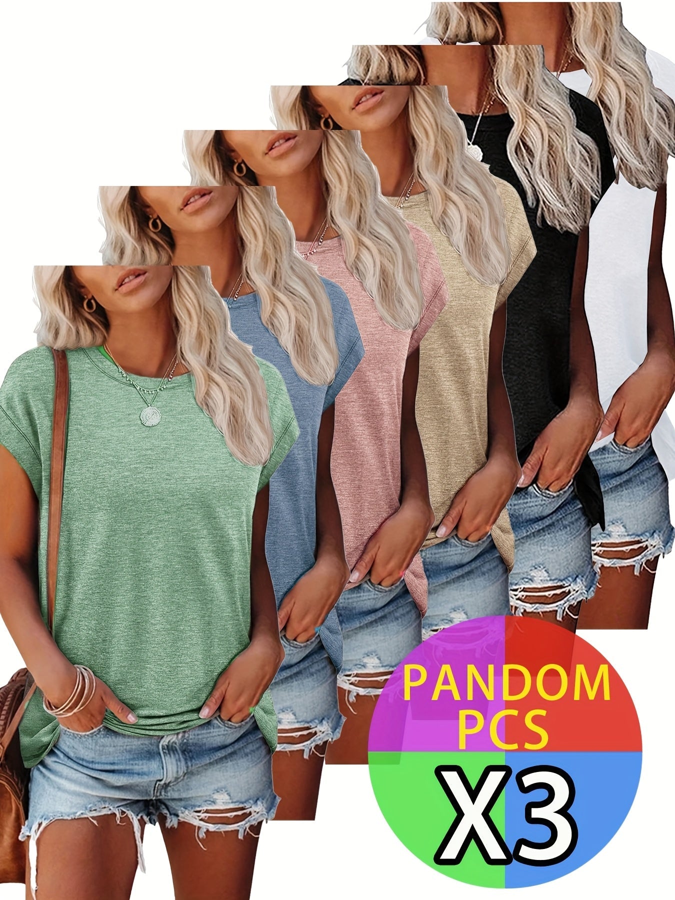 3 Women'S T shirts Summer Tops Solid Color Batwing Short Sleeves Fashionable Basic - product view 7