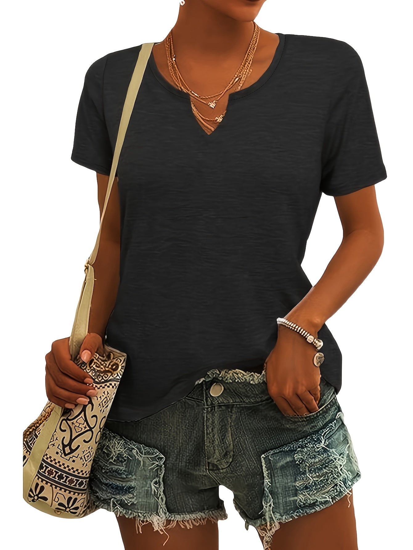 Women's Essential T-Shirt - 3-Pack V-Neck Short Sleeve Weekend Style detail image - detail view 6