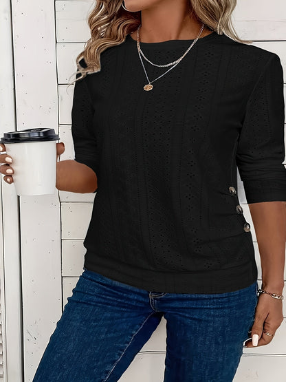 Chic Long Sleeved Crew Neck Tee Made from Soft Elastic Featuring Faux Button - product view 23