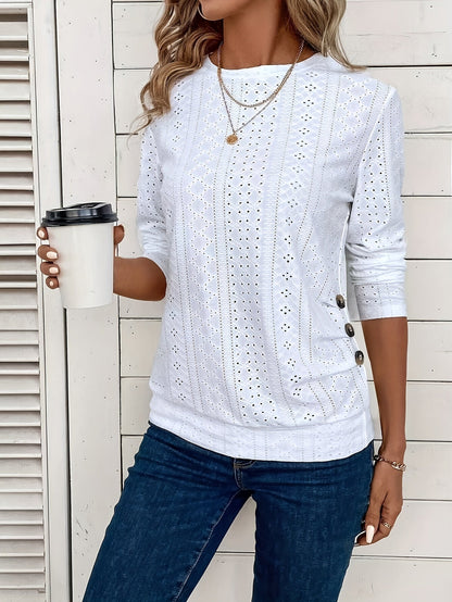 Chic Long Sleeved Crew Neck Tee Made from Soft Elastic Featuring Faux Button - product view 14
