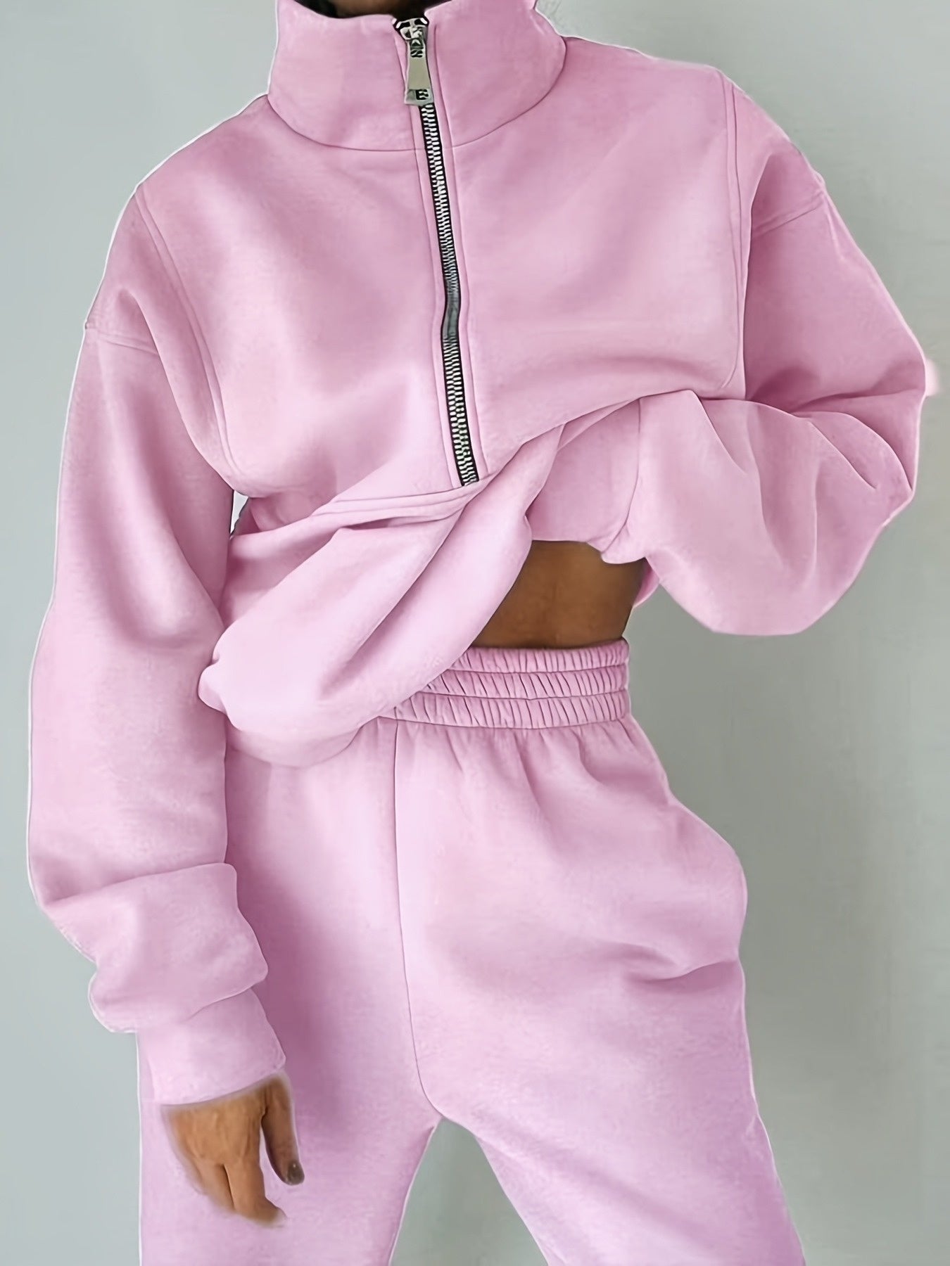 Women's Fleece Sweatshirt Outfit Set - Sporty Streetwear Two-Piece detail image