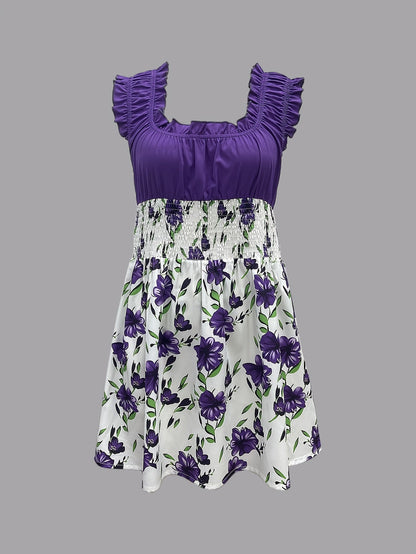 Women's Floral Crew Neck Mini Vacation Dress - Resort Style