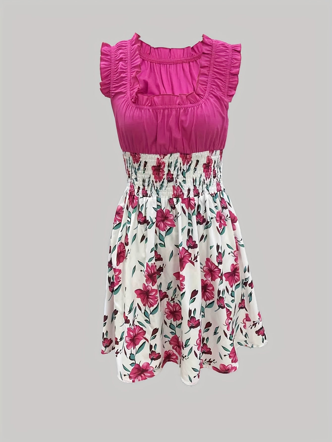 Women's Floral Crew Neck Mini Vacation Dress - Resort Style